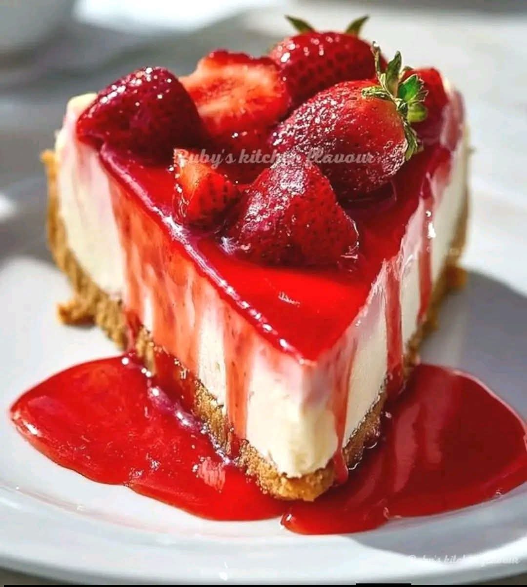 Baked strawberry cheesecake topped with fresh strawberries and strawberry sauce