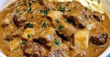 Old-Fashioned Beef Stroganoff with creamy sauce and tender beef
