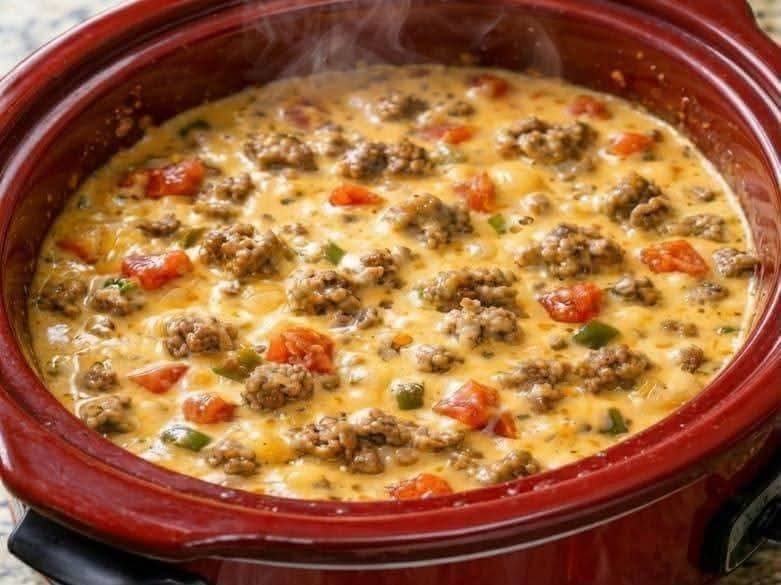 3-ingredient crockpot beef cheese dip with ground beef, melted cheese, tomatoes, and peppers