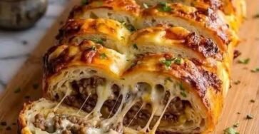 Philly cheesesteak stromboli sliced with roast beef, melted cheese, peppers, and onions