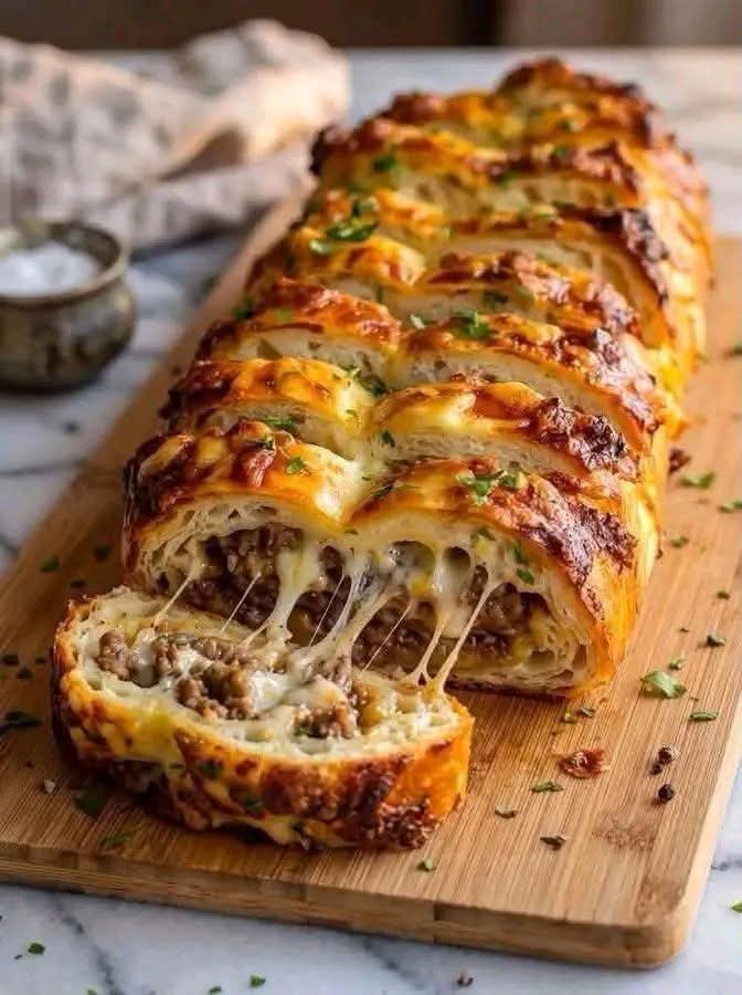 Philly cheesesteak stromboli sliced with roast beef, melted cheese, peppers, and onions
