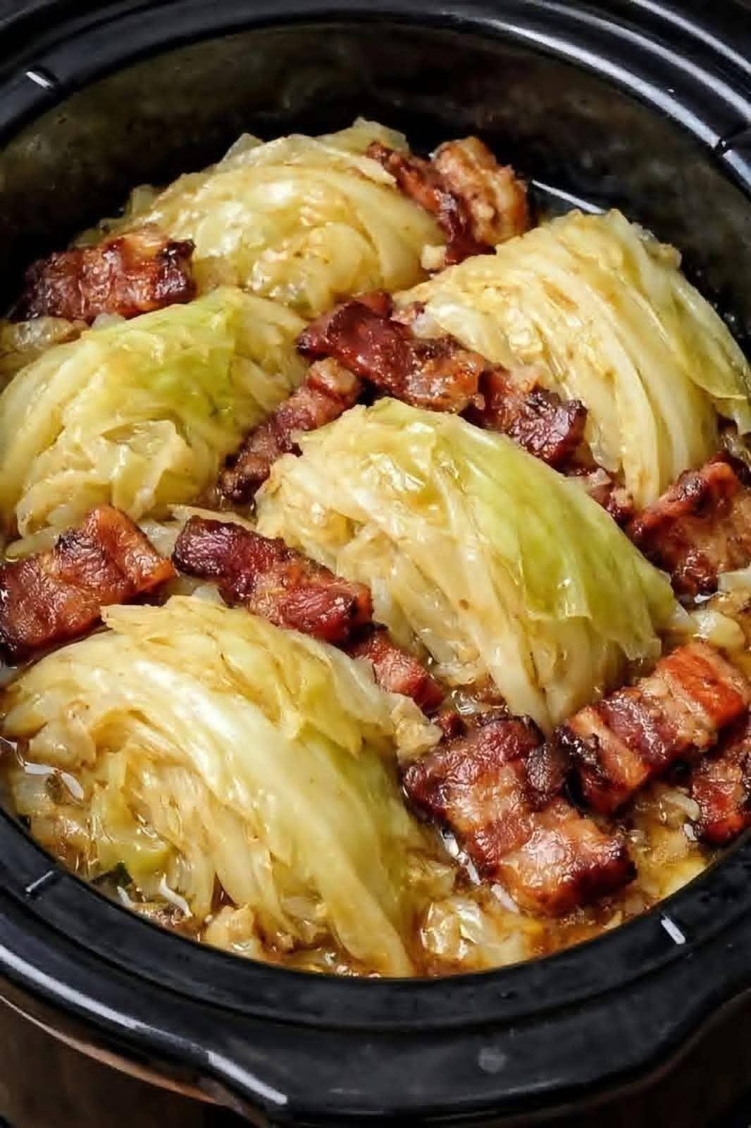 Crockpot cabbage and bacon with tender cabbage wedges and crispy bacon