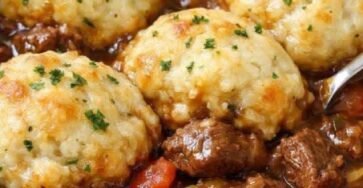 4-ingredient beef stew with tender beef, vegetables, rich gravy, and golden cheesy dumplings