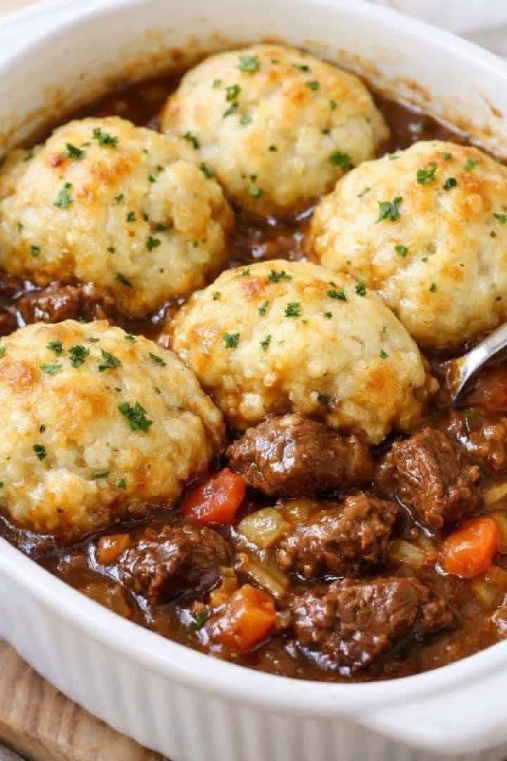 4-ingredient beef stew with tender beef, vegetables, rich gravy, and golden cheesy dumplings