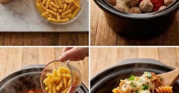Creamy meatball pasta bake with rotini, marinara Alfredo sauce, and melted mozzarella