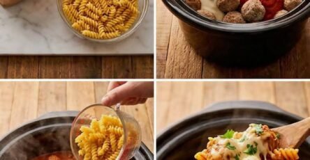 Creamy meatball pasta bake with rotini, marinara Alfredo sauce, and melted mozzarella