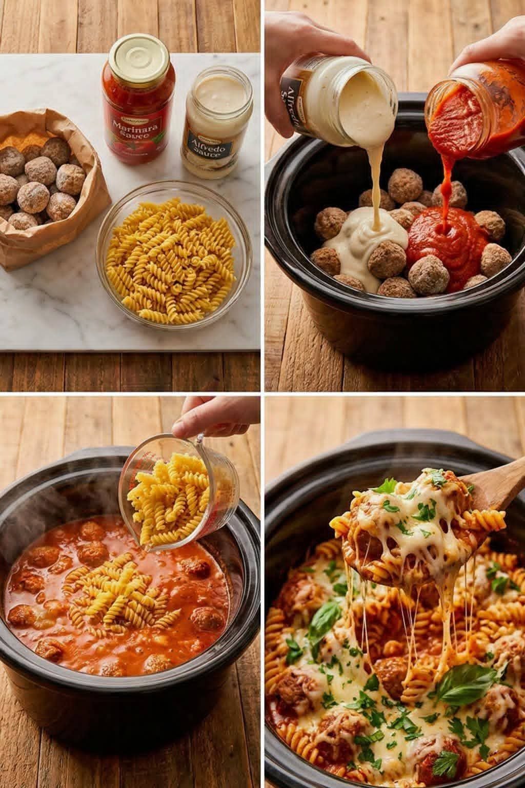 Creamy meatball pasta bake with rotini, marinara Alfredo sauce, and melted mozzarella