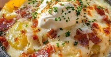 Creamy potato and bacon soup topped with Parmesan cheese and sour cream