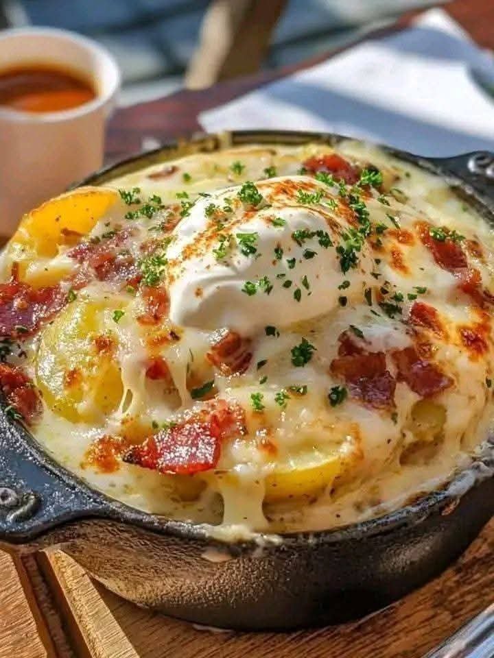 Creamy potato and bacon soup topped with Parmesan cheese and sour cream