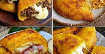 Ripe plantain empanadas filled with savory beef, chicken, and melted cheese