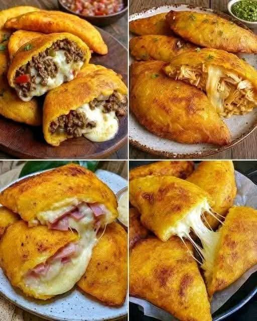 Ripe plantain empanadas filled with savory beef, chicken, and melted cheese