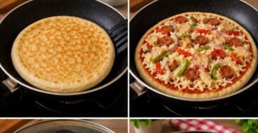 Easy pizza in a pan with crispy crust, melted mozzarella, chicken, pepperoni, and fresh vegetables