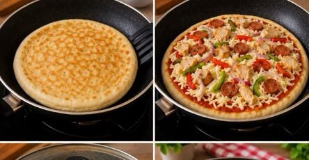 Easy pizza in a pan with crispy crust, melted mozzarella, chicken, pepperoni, and fresh vegetables