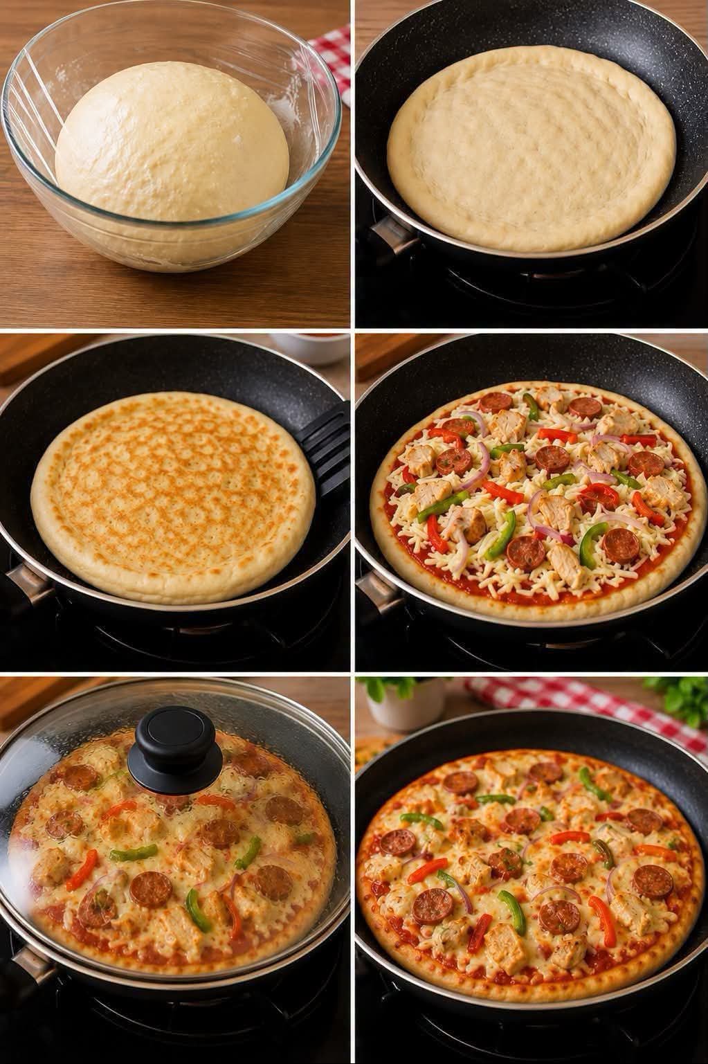 Easy pizza in a pan with crispy crust, melted mozzarella, chicken, pepperoni, and fresh vegetables