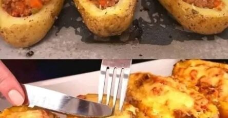 Baked potatoes stuffed with seasoned ground beef and topped with melted cheese