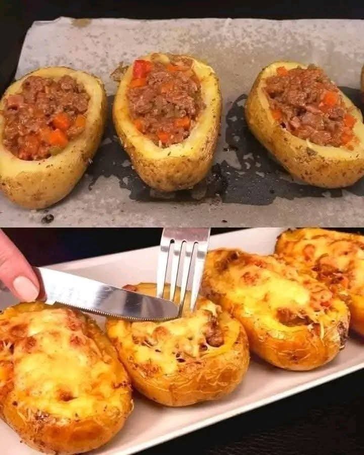 Baked potatoes stuffed with seasoned ground beef and topped with melted cheese