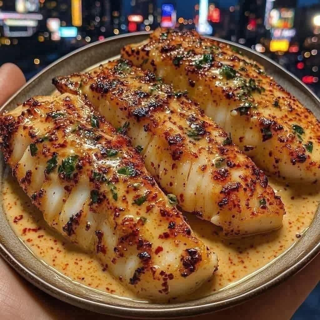 Creamy garlic butter baked white fish fillets with herbs and paprika