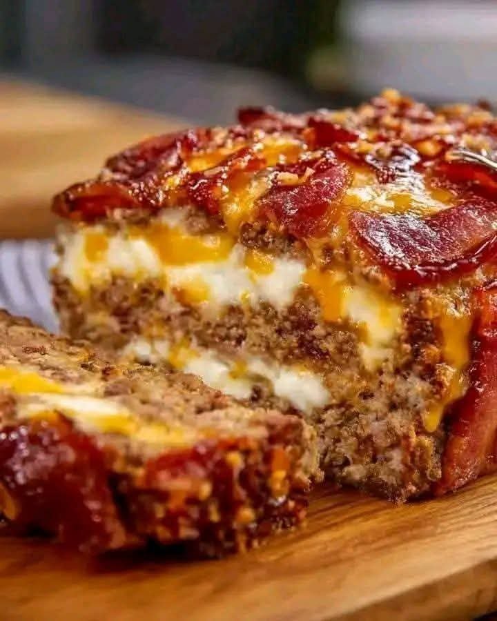 Smoked bacon meatloaf stuffed with melted triple cheese and topped with bacon