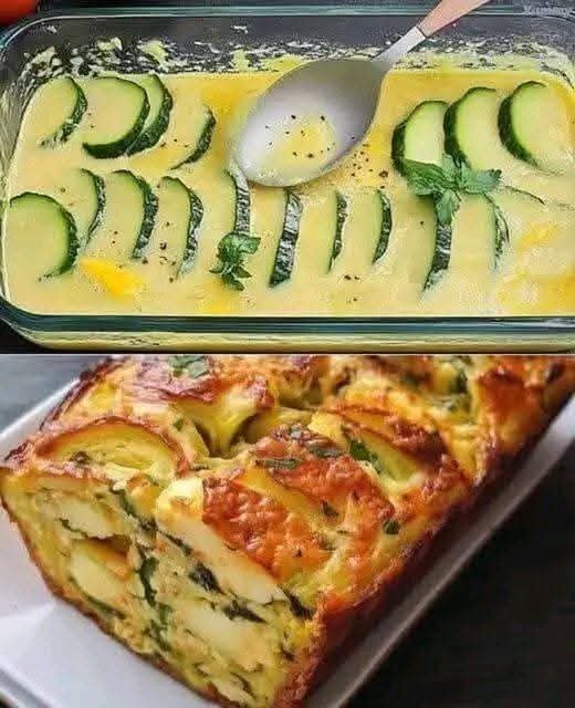 Golden cheesy zucchini bake with sliced zucchini and creamy filling