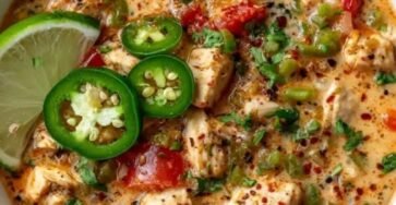 Creamy chicken lime soup with jalapeños, tomatoes, peppers, and fresh herbs