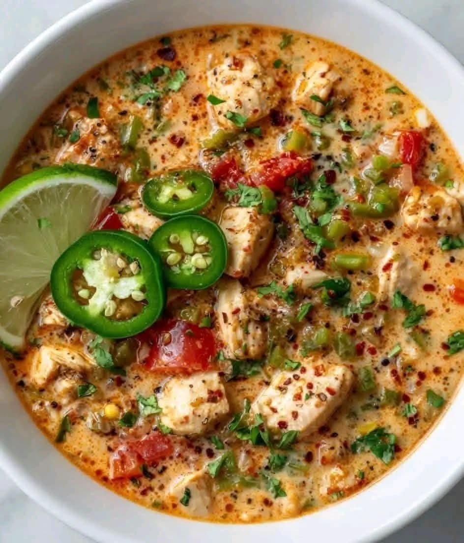Creamy chicken lime soup with jalapeños, tomatoes, peppers, and fresh herbs