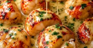 Creamy garlic lobster medallions in a rich buttery Parmesan sauce