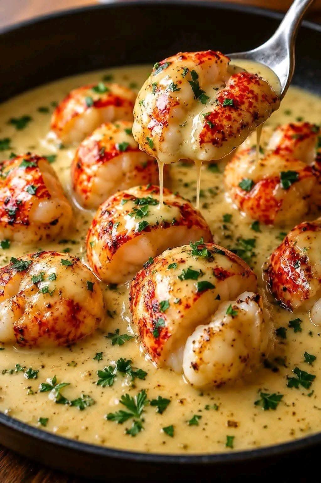 Creamy garlic lobster medallions in a rich buttery Parmesan sauce